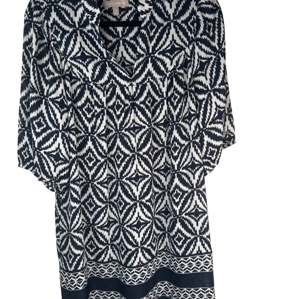 Banana Republic Navy Blue & White 12 Geometric Print Tunic Dress Polyester